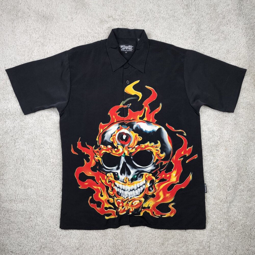 Vintage Dragonfly Clothing Co Skull Flames VTG Size Medium Bowling Party M Y2K - Picture 2 of 7
